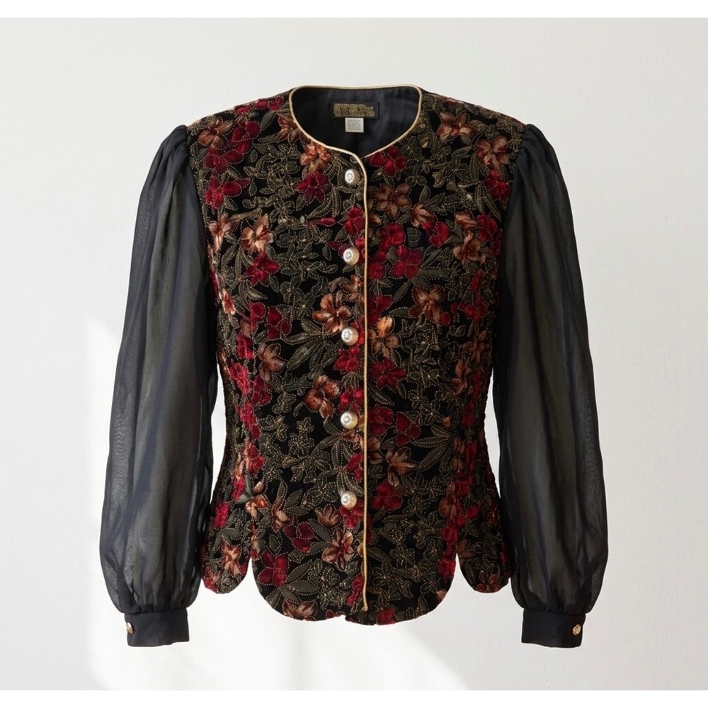 VTG Romantic Goth Floral Velvet Tapestry Jacket button up sheer sleeves XL Vamp